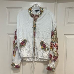 Blithe LA white Silk Embroidered‎ Beaded Floral Bomber Jacket . Size Large